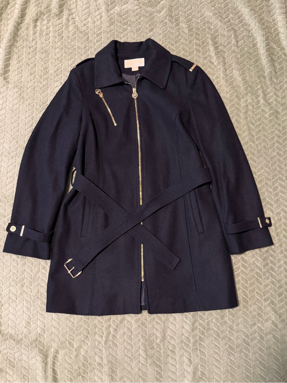 Michael Kors Navy Zip-Up Belted Trench Coat with Gold Hardware